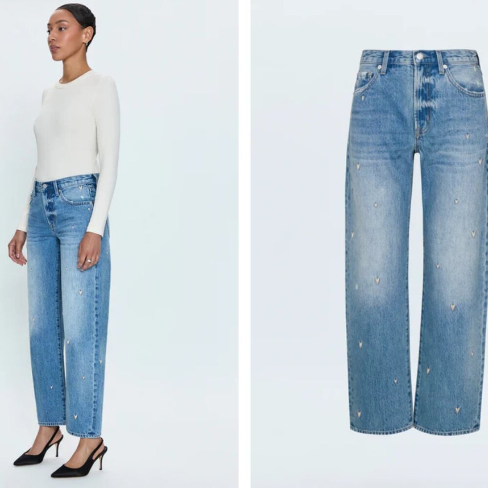 NWT Pistola Lexi Confetti Heart Embroidered Bowed Straight Jeans | Size 24 - Picture 4 of 9
